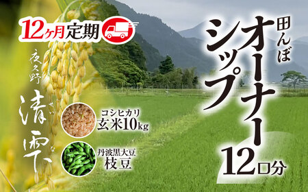 ＜令和7年10月中旬より発送！＞【12ヶ月定期】田んぼオーナーシップ12口分　清雫　玄米10kg+黒ムラサキ（丹波黒大豆の枝豆）/ ふるさと納税 田んぼ オーナー制度 米 玄米 令和7年度産 先行 定期 10kg 12回 収穫 夜久野 京都 京都府 福知山 FCDB008