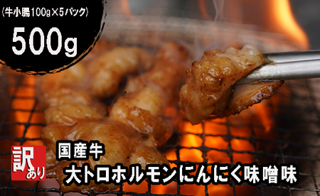 [ 訳あり ] 国産牛 大トロホルモン にんにく味噌味 500g : 100g×5 小分け パック ニンニク ガーリック 味噌味 ホルモン 焼き 焼肉 味付 小分け 冷凍 だれ 不揃い 焼き肉 炒め物 国産 牛 肉 京都府 舞鶴市 幸福亭