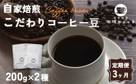 [3ヶ月定期便] 自家焙煎珈琲 こだわりコーヒー豆 400g×3回 (200g×2袋 毎月3回)