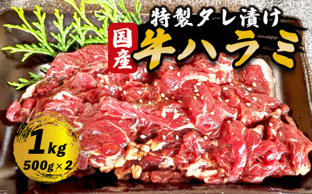 国産タレ漬けハラミ焼肉 1kg(500g×2)[ 冷凍 自家製甘口 ハラミ はらみ 大容量 焼き肉 焼肉 焼肉セット アウトドア キャンプ BBQ おすすめ 小分け 国産牛 肉 お肉屋 肉屋 京都 綾部 ]