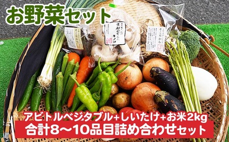 お野菜セット アビトルベジタブル+しいたけ+お米2kg 合計8〜10品目詰め合わせセット 季節の野菜 旬の野菜 やさい 新鮮 産地直送 米 きのこ キノコ お米 産直 国産 京都 京都産 ※北海道・沖縄・離島への配送不可