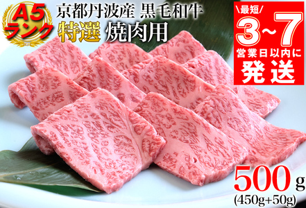 [7営業日以内発送]訳あり 京都産黒毛和牛 特選 A5ランク 焼肉 用 500g(通常450g+50g) 京の肉 ひら山 厳選|生活応援 和牛 牛肉 京都肉 国産 丹波産 肉 黒毛和牛 国産牛 京都府産 焼き肉 肉牛 ふるさと納税