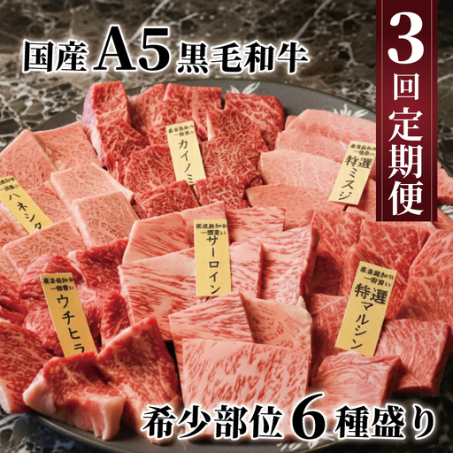 【3回定期便】A5黒毛和牛 希少部位 6種盛り(計3kg) 黒毛和牛