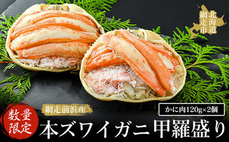 【数量限定】＜網走前浜産＞本ズワイガニ甲羅盛り【かに肉120g】2個【 かに かに肉 蟹肉 ガニ 蟹 本ズワイガニ ズワイガニ ずわい ズワイ ずわい蟹 ズワイ蟹 カニの甲羅盛り 甲羅盛り 海鮮 新鮮 網走産 オホーツク ふるさと納税 人気 おすすめ ランキング 北海道 網走市 送料無料 】 ABAI004