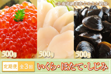 [定期便]全3回(毎月)いくら・ほたて・しじみ 各500g [ ふるさと納税 人気 おすすめ ランキング いくら イクラ イクラ醤油 醤油 醤油漬 ほたて 貝柱 ホタテ 帆立 ホタテ貝柱 帆立貝柱 しじみ シジミ 貝 蜆 貝 シジミ汁 刺身 ホタテ刺身 帆立 生食可 刺し 新鮮 海鮮丼 定期便 オホーツク 北海道 網走市 送料無料 ]