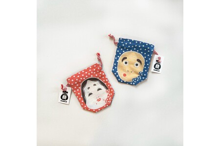 丹後ちりめん 祭巾着(ひょっとこおかめ) サイズ:約17cm×13cm