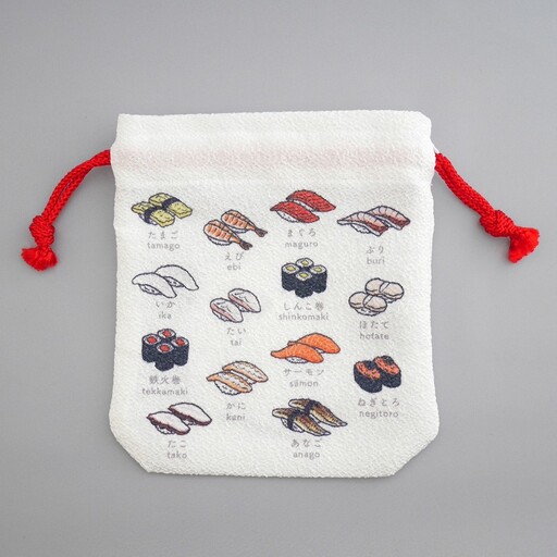 丹後ちりめん　にほんご巾着「sushi（寿司）」 サイズ：約13.5cm×17.5cm
