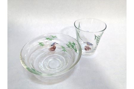 京絵付ガラス鉢、コップセット[035]