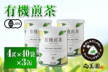 宇治・有機煎茶ティーバッグ 4g×40個×3缶 [有機 オーガニック 無農薬 お茶 茶 煎茶 緑茶 有機煎茶 かぶせ茶 飲料 ティーバッグ ティーパック 日本茶 加工食品 宇治 茶缶]