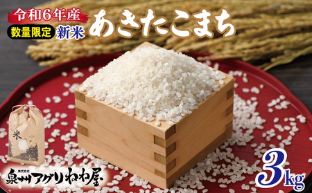 [数量限定]令和6年産 ねね屋の新米 『あきたこまち』 3kg 泉佐野産 白米 お米