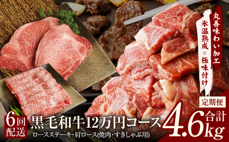 黒毛和牛 定期便 全6回 (ステーキ/すき焼き・しゃぶしゃぶ/焼肉) 12万円コース 丸善味わい加工[毎月配送コース]