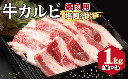 牛カルビ 焼肉用 塩麹漬け 合計1kg[味付け 小分け 焼くだけ 簡単調理 BBQ 牛肉 250g×4袋]