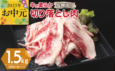 [お中元] 牛肉 切り落とし 塩麹漬け 合計1.5kg[味付け 小分け 焼くだけ 簡単調理 BBQ 牛肉 250g×6袋]