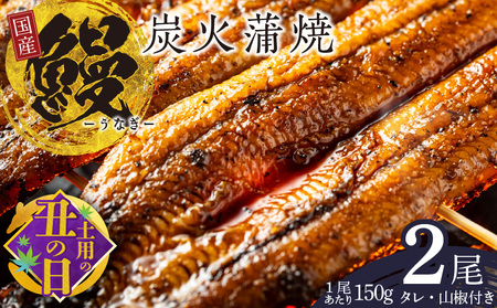 [7/19土用の丑の日]国産 うなぎ 150g×2尾 タレ 山椒付き 有頭 炭火 蒲焼