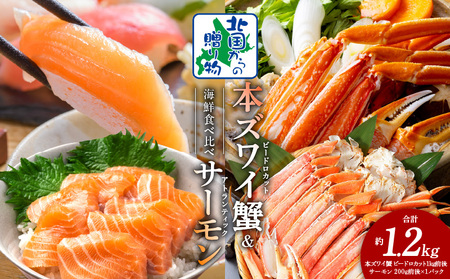 [年内発送]本ズワイ蟹 ビードロカット 1kg 蟹酢付 昆布塩加工 & アトランティックサーモン 200g 海鮮食べ比べセット[北国からの贈り物]