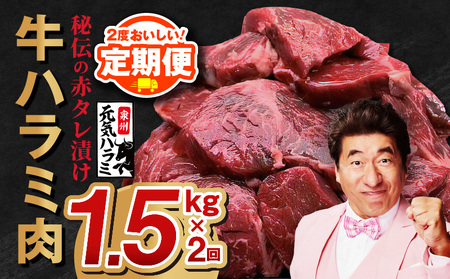 [定期便]牛ハラミ肉 1.5kg × 2回[小分け 300g×5P 秘伝の赤タレ 味付き 焼肉 訳あり サイズ不揃い 2025年10月&2026年4月発送]