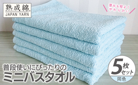 普段使いにぴったりのミニバスタオル 5枚[アクアブルー 泉州タオル 高品質 綿100% 日本製 国産 単色 シンプル]