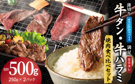 牛タン焼肉 オリジナルスパイス&牛ハラミ甘辛 食べ比べ焼肉セット 合計500g(250g×2P)