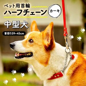 ペット用首輪 ハーフチェーン 中型犬用 カーキ 首回り39-45cm ペット 犬 愛犬 ワンちゃん 中型犬 首輪 リード 本革 レザー 牛革 牛 散歩 さんぽ ウォーキング 健康 おしゃれ 消耗品 大阪府 松原市