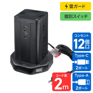 タワー型ＵＳＢタップ　ＰＤ４０Ｗ　WBS-TW12442BUC(BK)