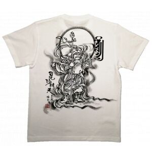 手描きTシャツ 仏画 毘沙門天 白 (半袖 XLサイズ)