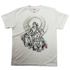 手描きTシャツ 仏画 普賢菩薩 白 (半袖 XLサイズ)