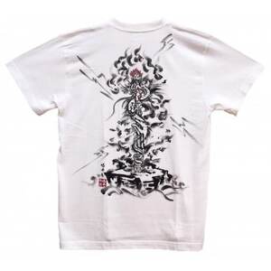 手描きTシャツ 仏画 倶利伽羅不動 白 (半袖 XLサイズ)