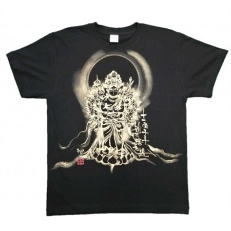 手描きTシャツ 仏画 十一面千手観音 黒 (半袖 XLサイズ)【1615167】