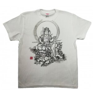 手描きTシャツ 仏画 文殊菩薩 白 (半袖 Lサイズ)