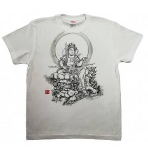 手描きTシャツ 仏画 文殊菩薩 白 (半袖 XLサイズ)
