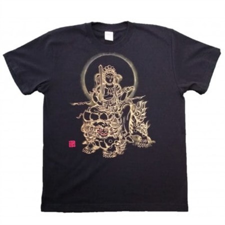 手描きTシャツ 仏画 文殊菩薩 黒 (半袖 Sサイズ)【1615176】