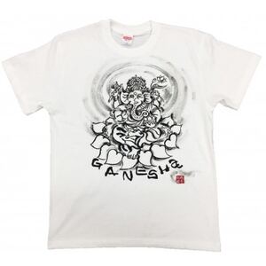 手描きTシャツ 仏画 ガネーシャ 白 (半袖 XLサイズ)