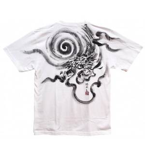 手描きTシャツ 日本画 龍神 白 (半袖 Lサイズ)