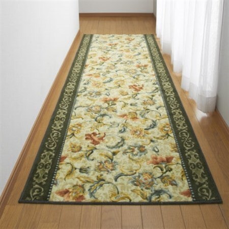 日本製 廊下カーペット 80cm×120cm [オリエンタル更紗]滑り止め加工(グリーン)