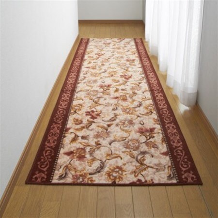 日本製 廊下カーペット 80cm×120cm [オリエンタル更紗] 滑り止め加工 (エンジ)