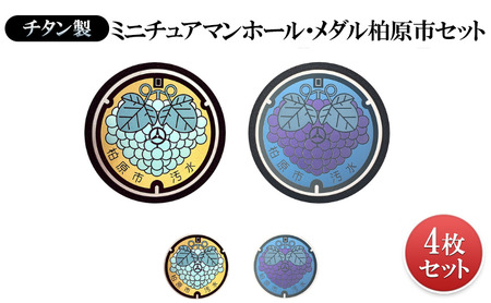 チタン製ミニチュアマンホール・メダル柏原市セット[ぶどう・シャインマスカット]