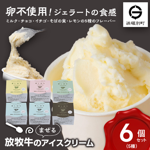 放牧牛 アイスクリーム 食べ比べセット(ミルク2個・イチゴ1個・そばの実1個・チョコ1個・レモン仕立て1個)5種類計6個 [池田牧場]
