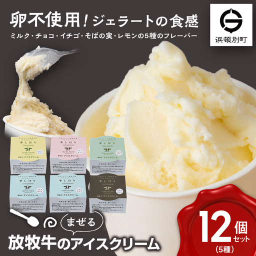 放牧牛 アイスクリーム 食べ比べセット（ミルク4個・イチゴ2個・そばの実2個・チョコ2個・レモン仕立て2個）5種類計12個 【池田牧場】