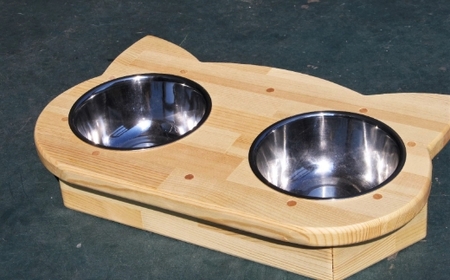 手作り木製2椀付きペット用食器・ペット用水飲み【007D-080】