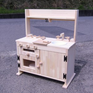 手作り木製 棚付き ままごとキッチン・魚焼きグリル付き 素材色 GHK-R[007A-048]