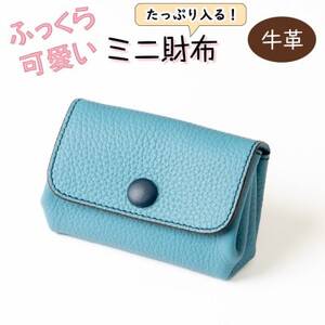 HEDGE たつの産牛革を使ったミニ財布 ふっくらフォルムに現金カードがしたっぷり入る!スカイブルー