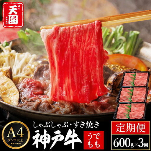 定期便 神戸牛 赤身 モモ しゃぶしゃぶ すき焼き 計1.8kg(600g×3回)毎月1回のお届け / A4ランク以上 しゃぶしゃぶ用 すき焼き用 牛肉 スライス 赤身 ウデ モモ 小分け 薄切り うす切り 冷凍 肉の天園