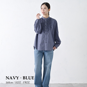 [THE INDUSTRY WORKS]フロントフリルネックブラウス(ネイビー×ブルー)・1着 TIW-W038(66-27-NVBL) レディース ブラウス
