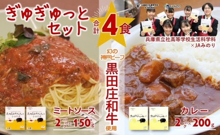 [ビーフカレー&ミートソース各2食]黒田庄和牛ぎゅぎゅっとセット (06-43)