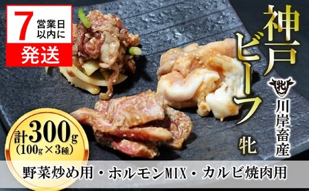 [神戸牛 牝]焼き肉用 味付け肉3種 : 計300g(100g×3種)川岸畜産 (09-27)[冷凍]