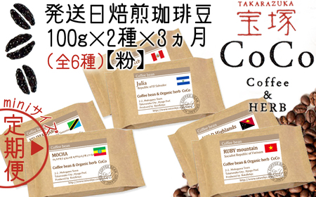 [宝塚]miniサイズ3ヶ月定期便C(当日自家焙煎珈琲6種 計600g)[粉]