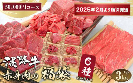 淡路牛 赤身肉の福袋 6種詰合せ [50,000円コース][2025年2月より順次発送] [福袋 赤身切り落とし 赤身ステーキ 赤身サイコロステーキ 赤身すきやき用スライス 赤身焼肉 福袋]