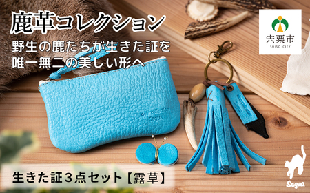 鹿革コレクション「生きた証」露草3点セット [ ポーチ タッセル チャーム 鹿革 革製品 小物入れ 小銭入れ カードサイズ オーガニック 蝶 チョウ 手作り つゆくさ 青 ブルー 水色 ]