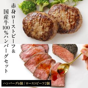 ローストビーフ&国産牛ハンバーグ 贅沢セット [1332] 電子レンジ 湯煎 無添加 化学調味料不使用 保存料不使用 特定加熱食肉製品 低温調理 直火炙り 簡単調理 切るだけ 和風ソース付 タレ付き クリスマス パーティ