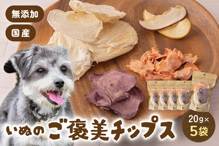 いぬのご褒美チップス20g×5袋 ペットフード 犬 無添加 おやつ 美味しい ご褒美 ドッグフード ドライ いぬ 犬用 いぬ用 愛犬用 R030-018